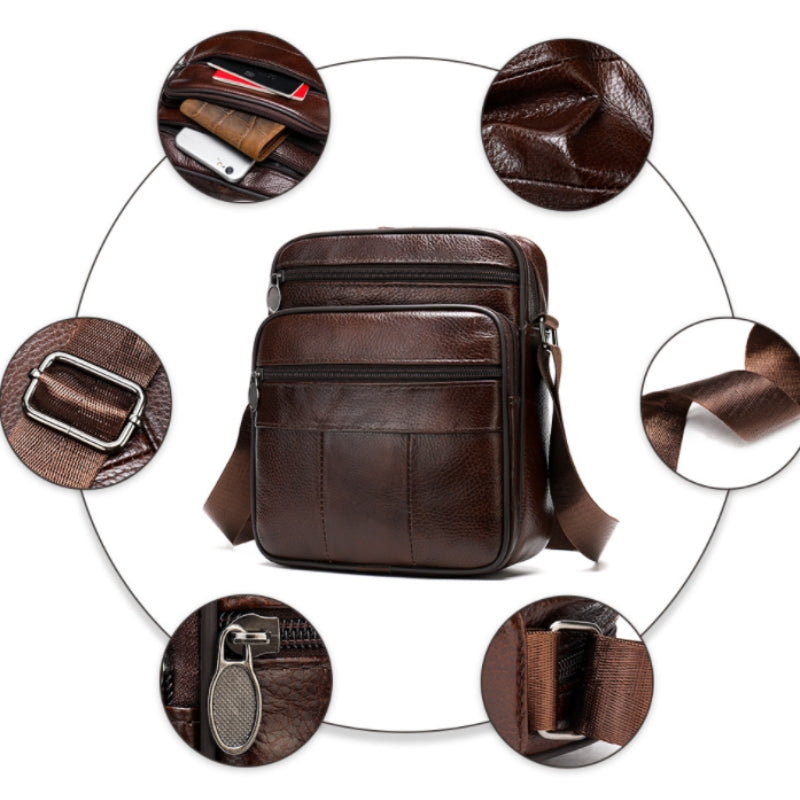 Sacoche Bandoulière Homme En Cuir Marron - 19.5x11x6 Cm - Multi-Poches, Idéale Quotidien