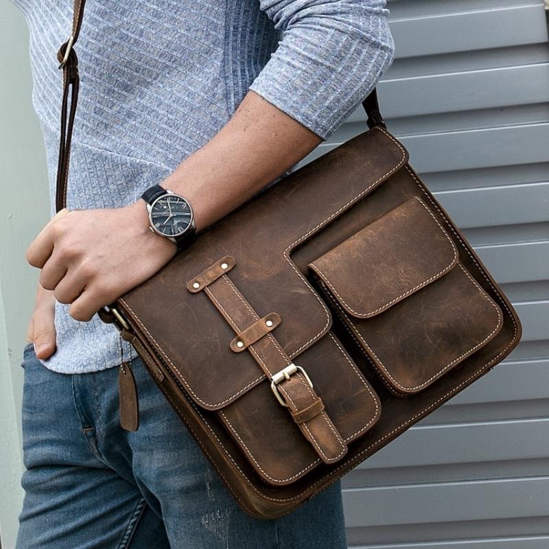 Sacoche Messenger Homme En Cuir De Chèvre Véritable - Fait Main, Style Retro, Sangle Réglable, Couleur Marron